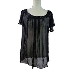 Apostrophe Women's Black Sheer Blouse Top Flutter Sleeves Embellished Collar L